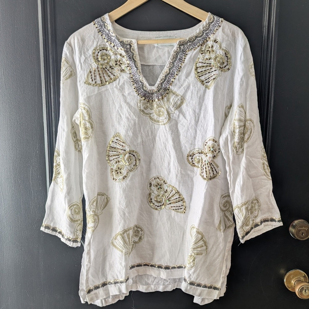 Linen Tunic Top Shell Seashell Embellished VNeck 3/4 Sleeve White Coastal Beach